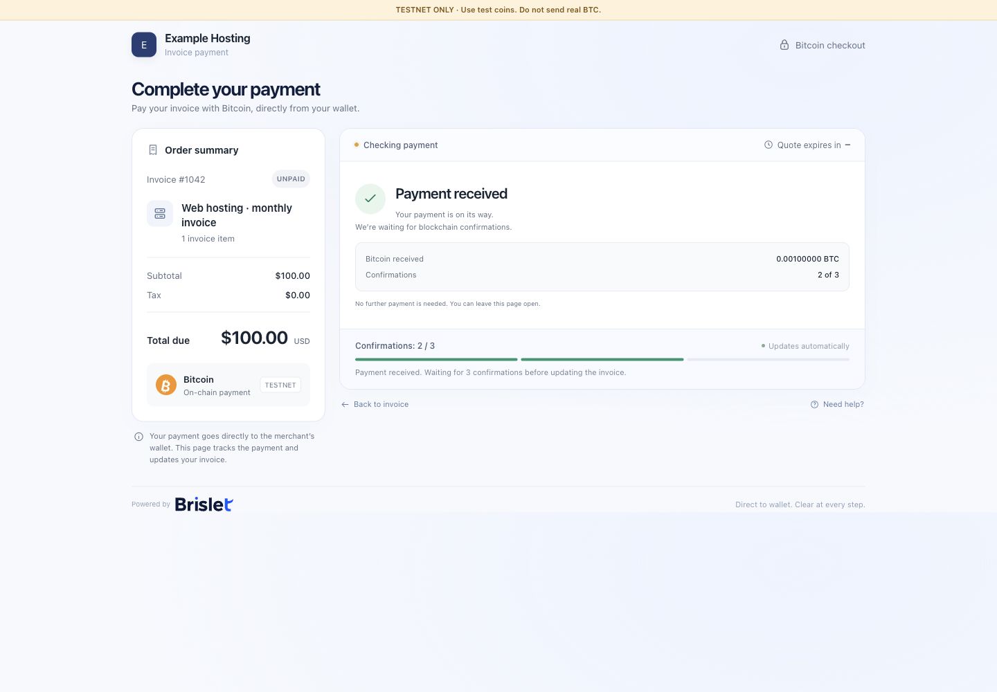 Actual Bitcoin checkout with demonstration invoice and two of three confirmations
